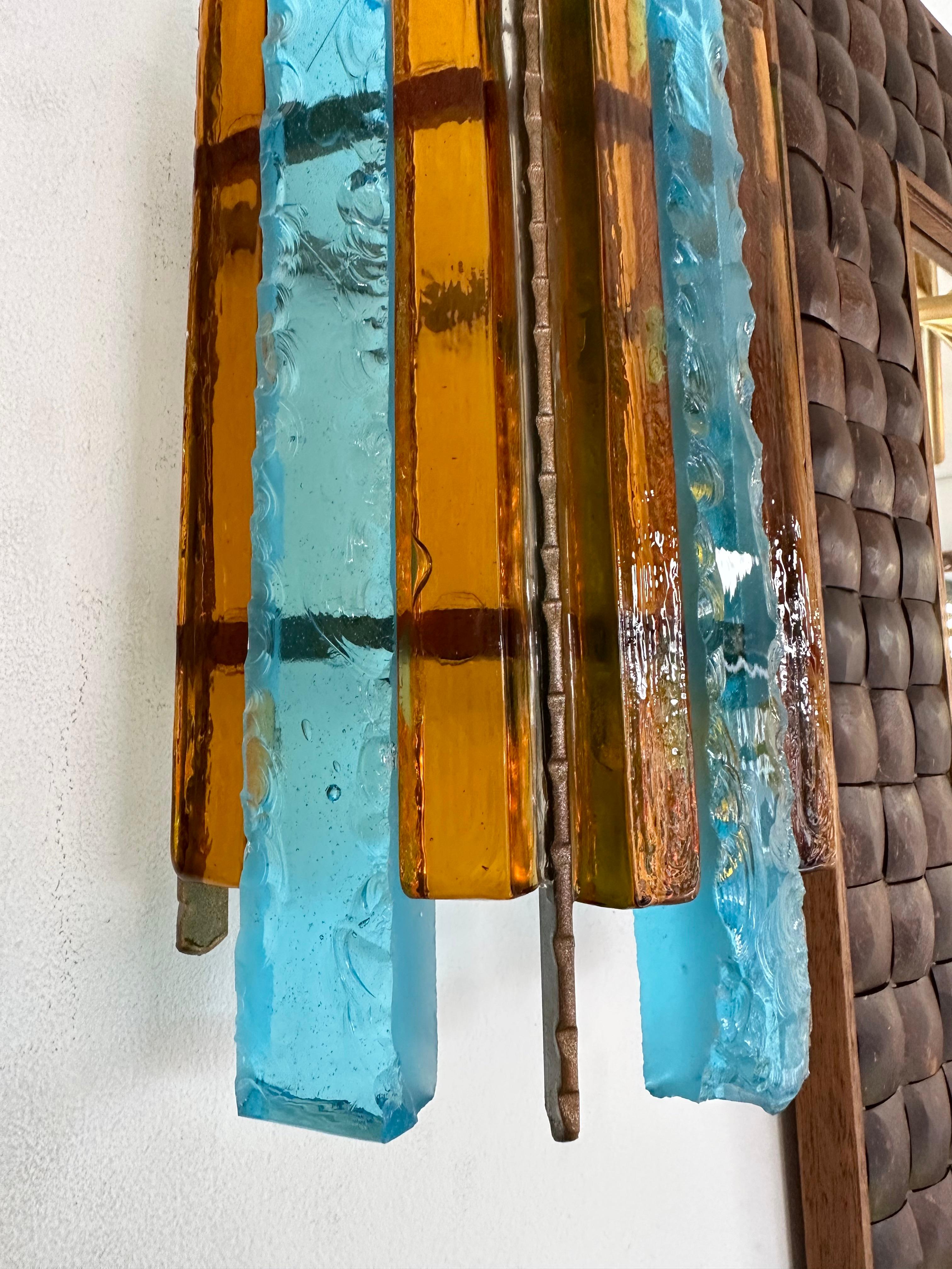 Pair of Hammered Glass Wrought Iron Sconces by Longobard, Italy, 1970s 2