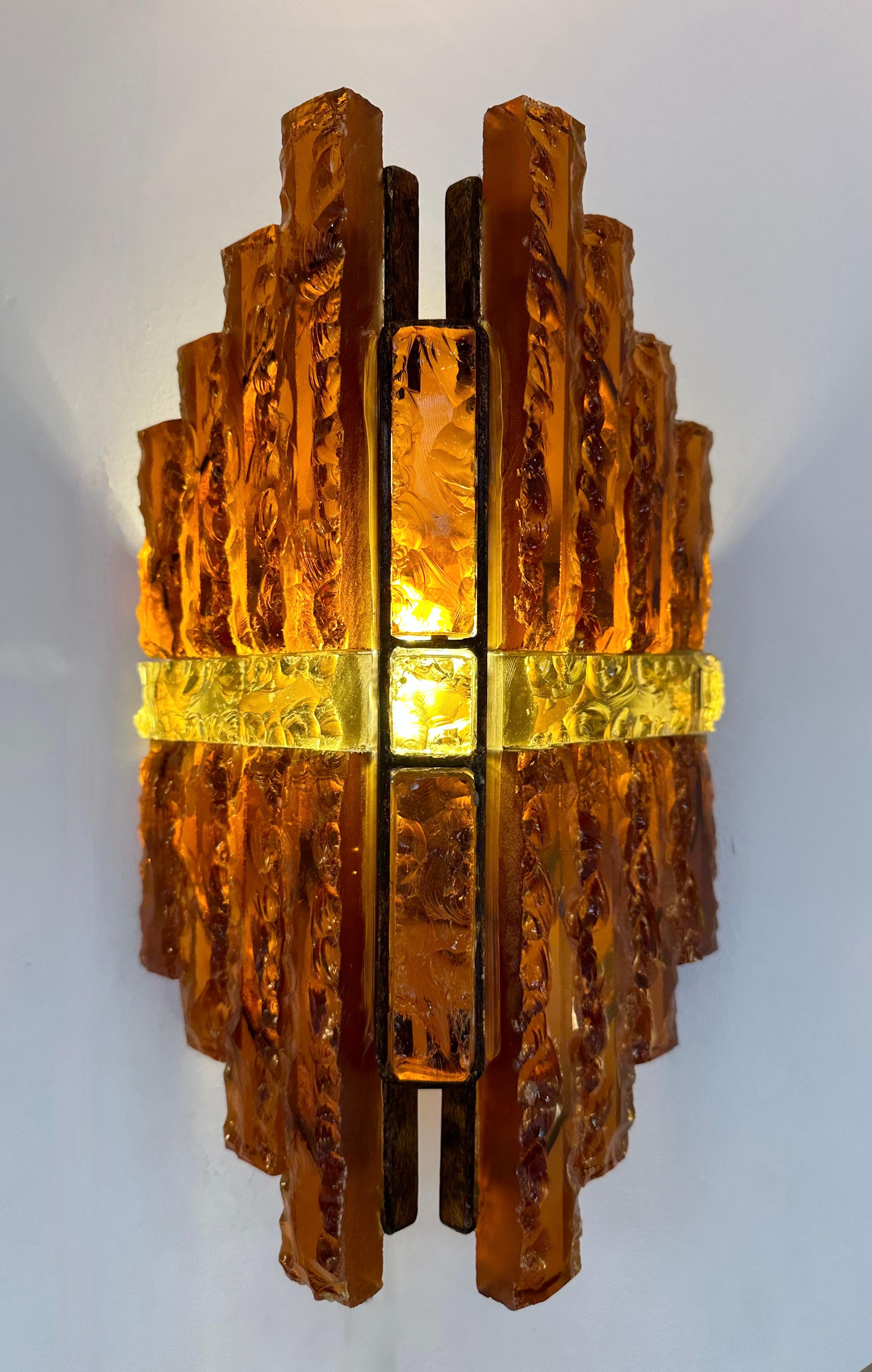 Pair of Hammered Glass Wrought Iron Sconces by Longobard, Italy, 1970s 2