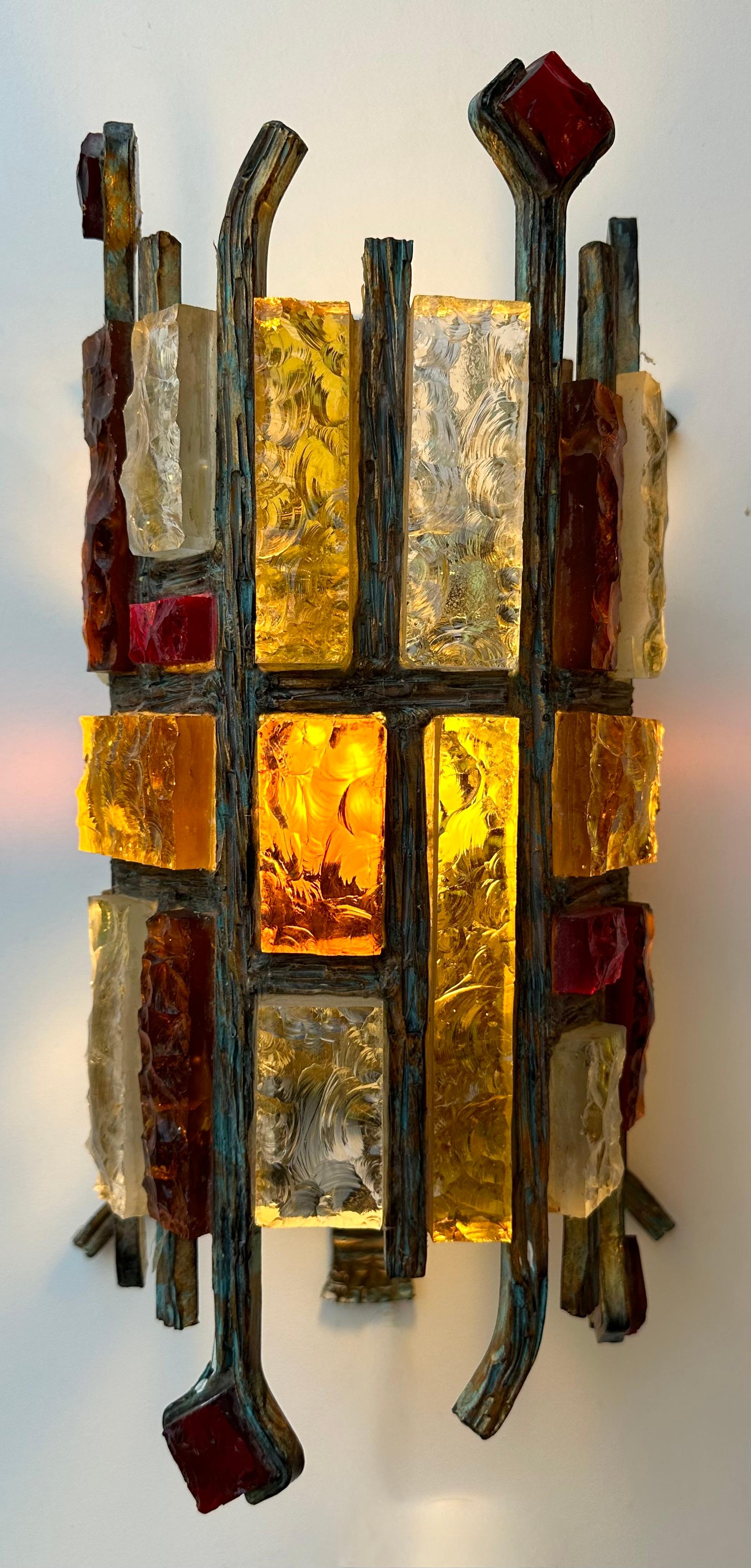 Pair of Hammered Glass Wrought Iron Sconces by Longobard, Italy, 1970s 3