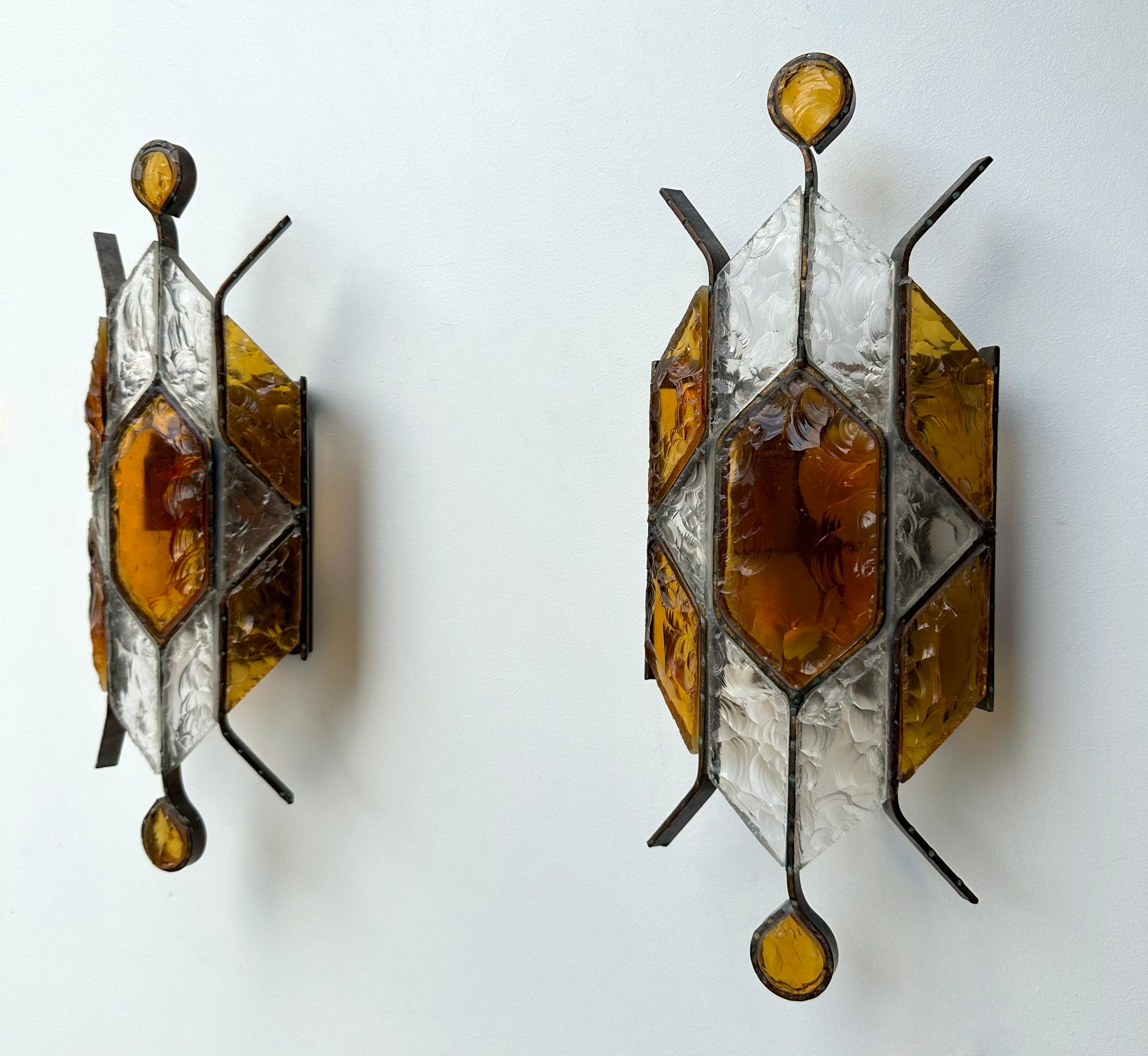 Pair of Hammered Glass Wrought Iron Sconces by Longobard, Italy, 1970s For Sale 3