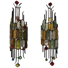 Pair of Hammered Glass Wrought Iron Sconces by Longobard, Italy, 1970s