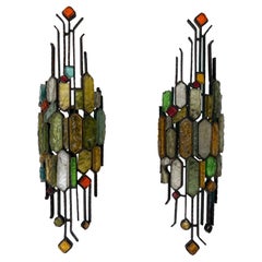 Pair of Hammered Glass Wrought Iron Sconces by Longobard, Italy, 1970s
