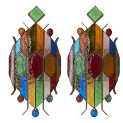 Pair of Hammered Glass Wrought Iron Sconces by Longobard, Italy, 1970s