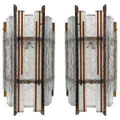 Pair of Hammered Glass Wrought Iron Sconces by Longobard, Italy, 1970s