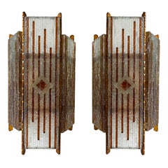 Pair of Hammered Glass Wrought Iron Sconces by Longobard, Italy, 1970s Pair of Hammered Glass Wrought Iron Sconces by Longobard, Italy, 1970s