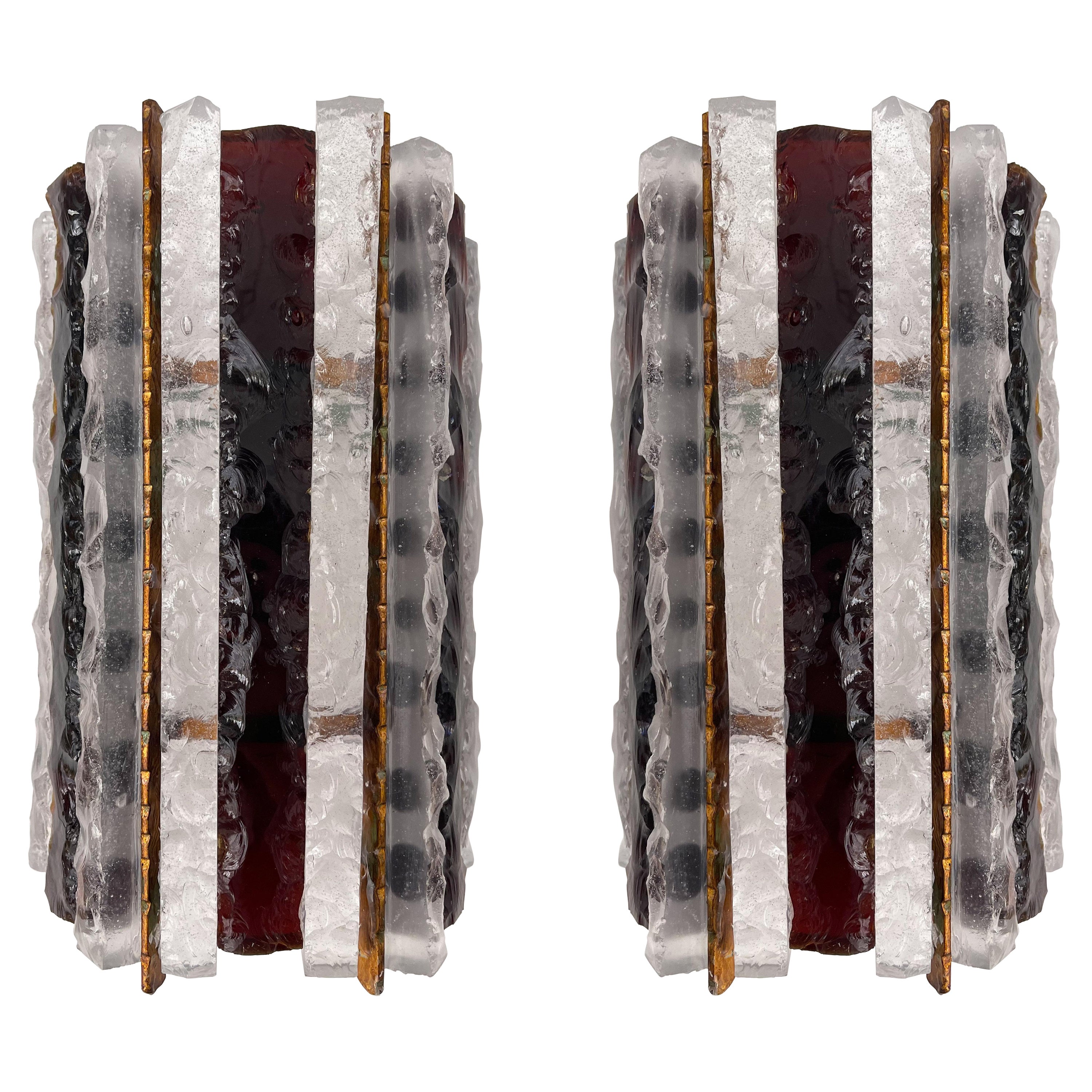 Pair of Hammered Glass Wrought Iron Sconces by Longobard, Italy, 1970s