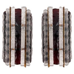 Pair of Hammered Glass Wrought Iron Sconces by Longobard, Italy, 1970s