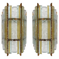 Pair of Hammered Glass Wrought Iron Sconces by Longobard, Italy, 1970s