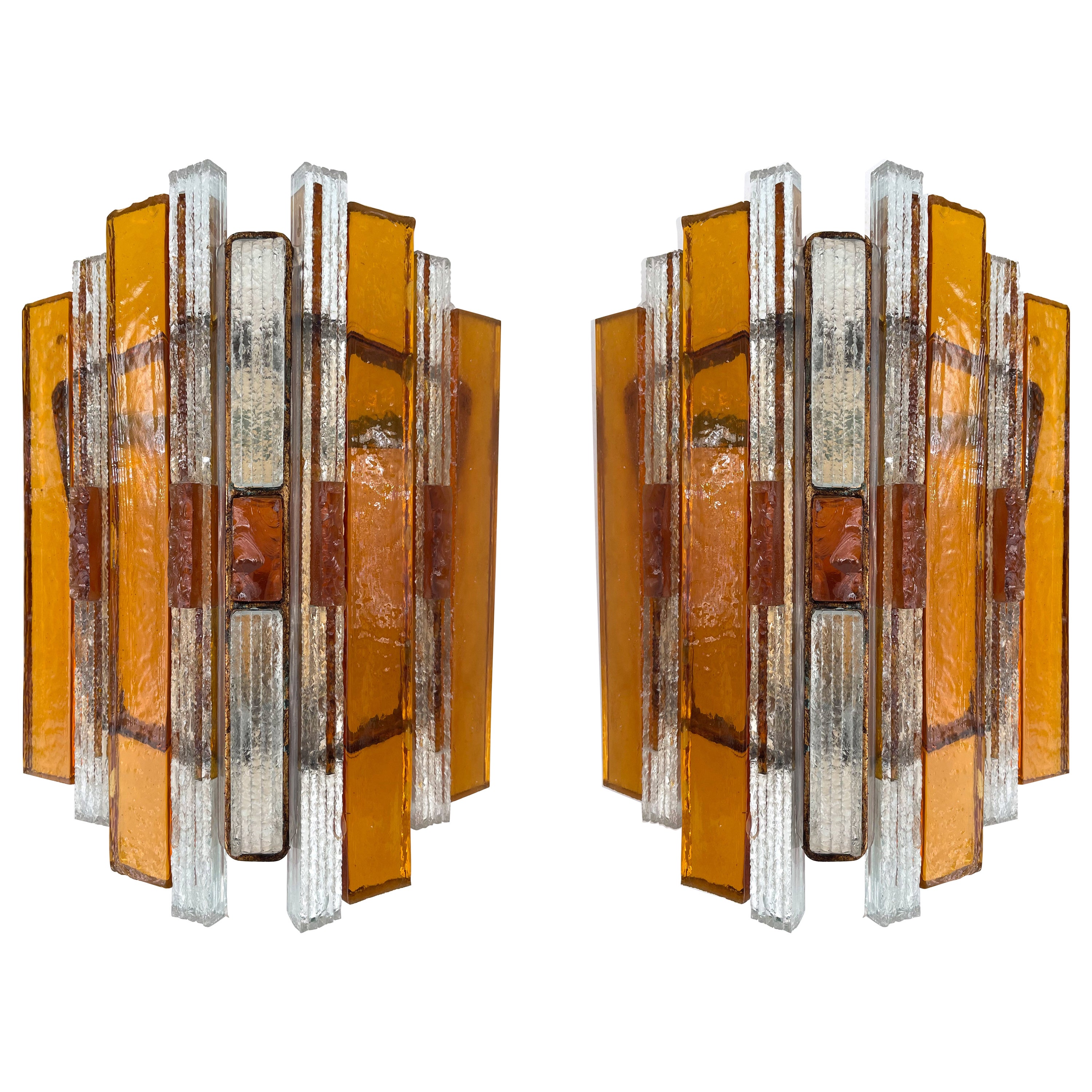 Pair of Hammered Glass Wrought Iron Sconces by Longobard, Italy, 1970s
