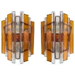Paar schmiedeeiserne Wandleuchter aus gehämmertem Glas von Longobard, Italien, 1970er Jahre
