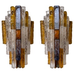 Pair of Hammered Glass Wrought Iron Sconces by Longobard, Italy, 1970s