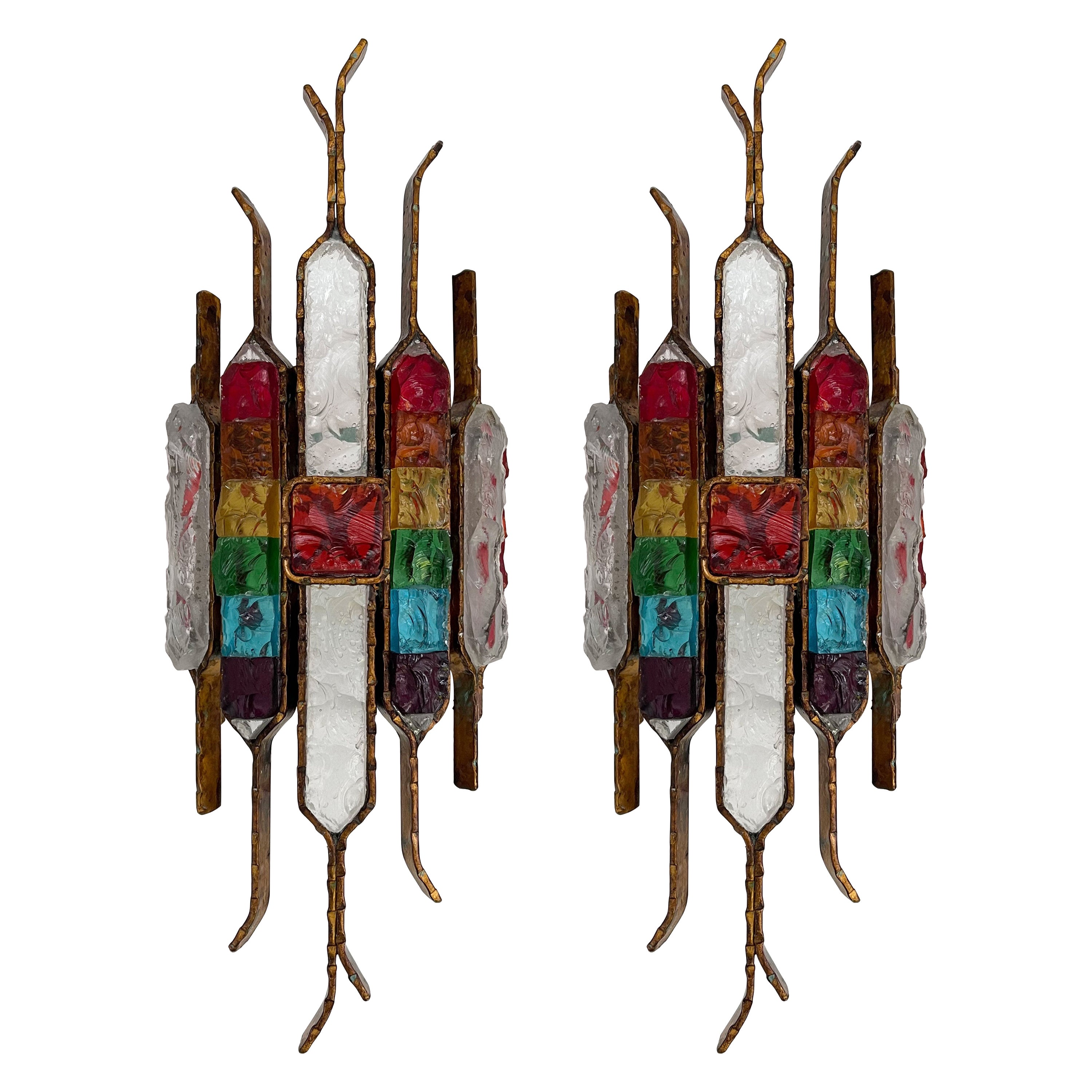 Pair of Hammered Glass Wrought Iron Sconces by Longobard, Italy, 1970s