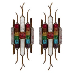 Paar schmiedeeiserne Wandleuchter aus gehämmertem Glas von Longobard, Italien, 1970er Jahre
