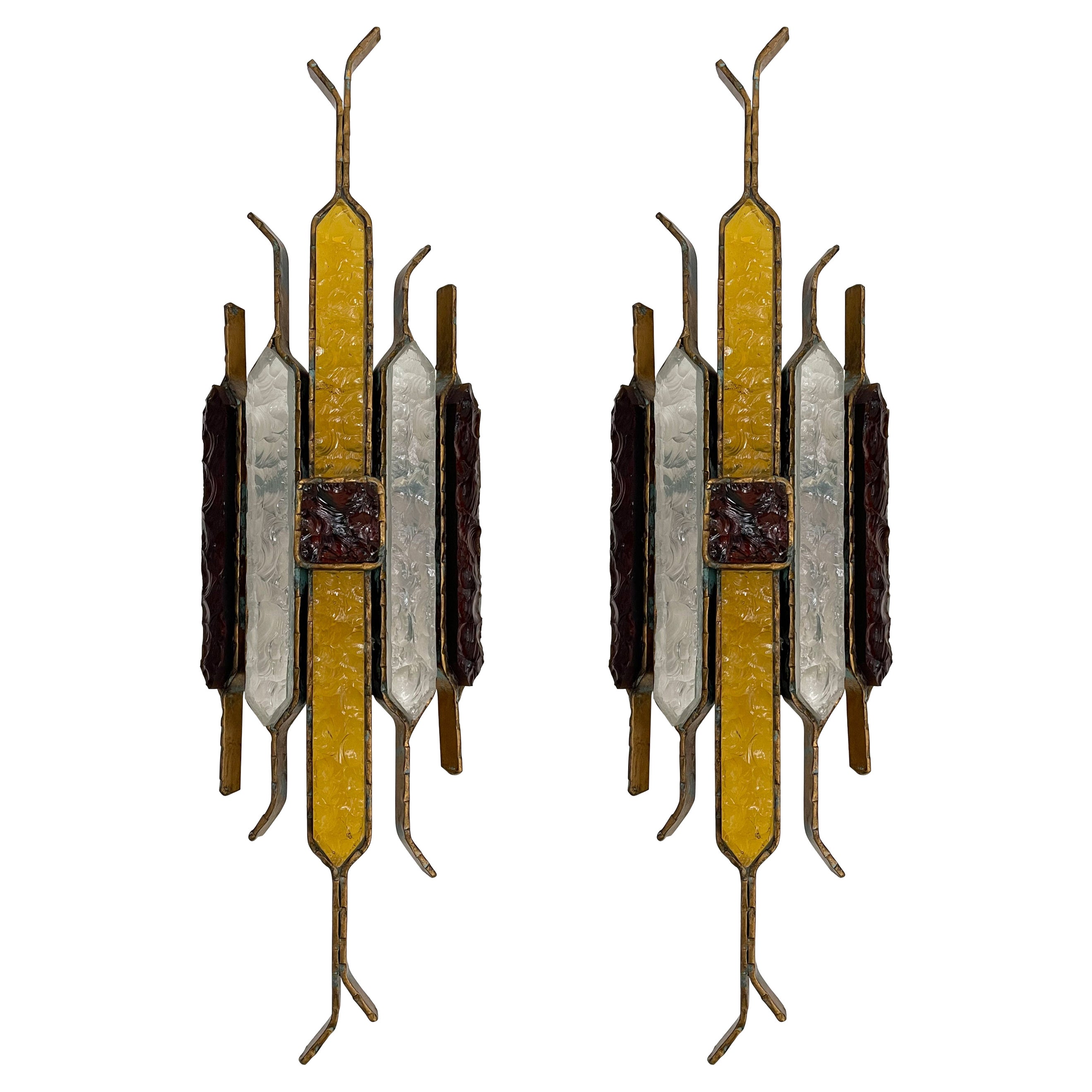 Pair of Hammered Glass Wrought Iron Sconces by Longobard, Italy, 1970s