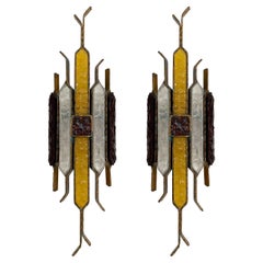 Pair of Hammered Glass Wrought Iron Sconces by Longobard, Italy, 1970s