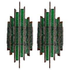 Pair of Hammered Glass Wrought Iron Sconces by Longobard, Italy, 1970s