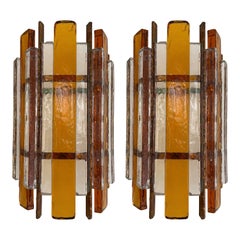 Paar schmiedeeiserne Wandleuchter aus gehämmertem Glas von Longobard, Italien, 1970er Jahre