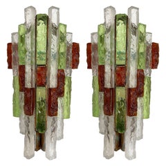 Pair of Hammered Glass Wrought Iron Sconces by Longobard, Italy, 1970s