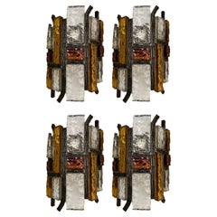 Pair of Hammered Glass Wrought Iron Sconces by Longobard, Italy, 1970s