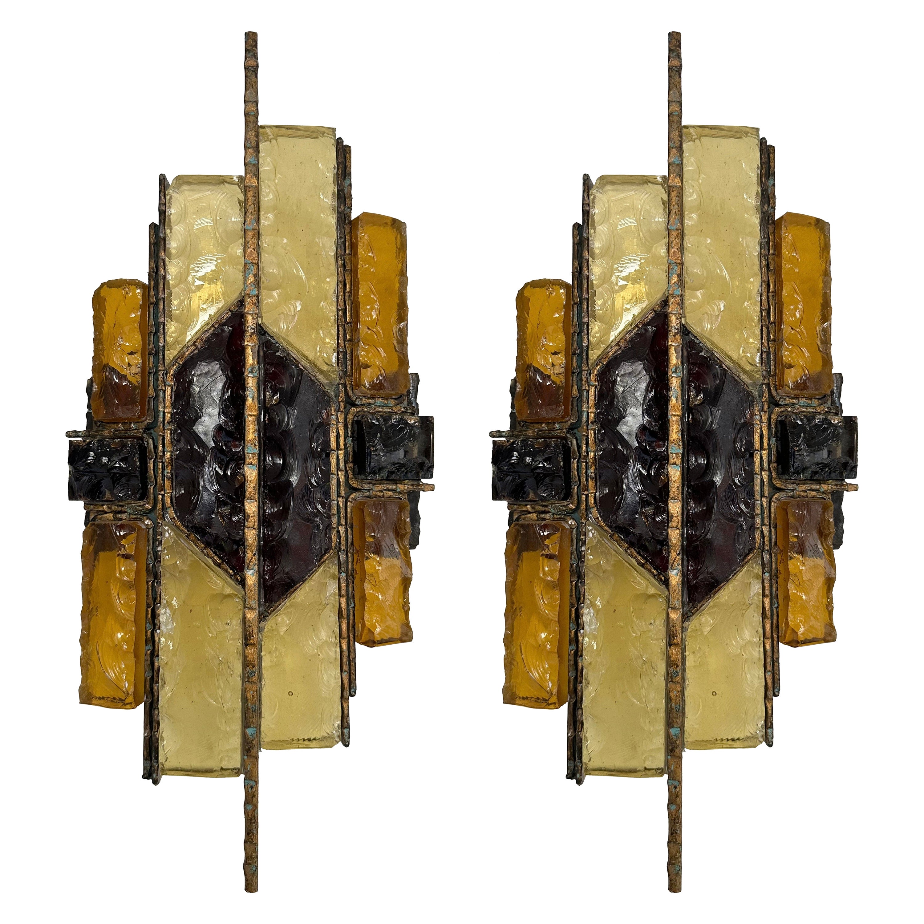 Pair of Hammered Glass Wrought Iron Sconces by Longobard, Italy, 1970s