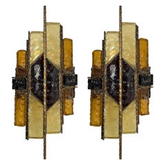 Pair of Hammered Glass Wrought Iron Sconces by Longobard, Italy, 1970s