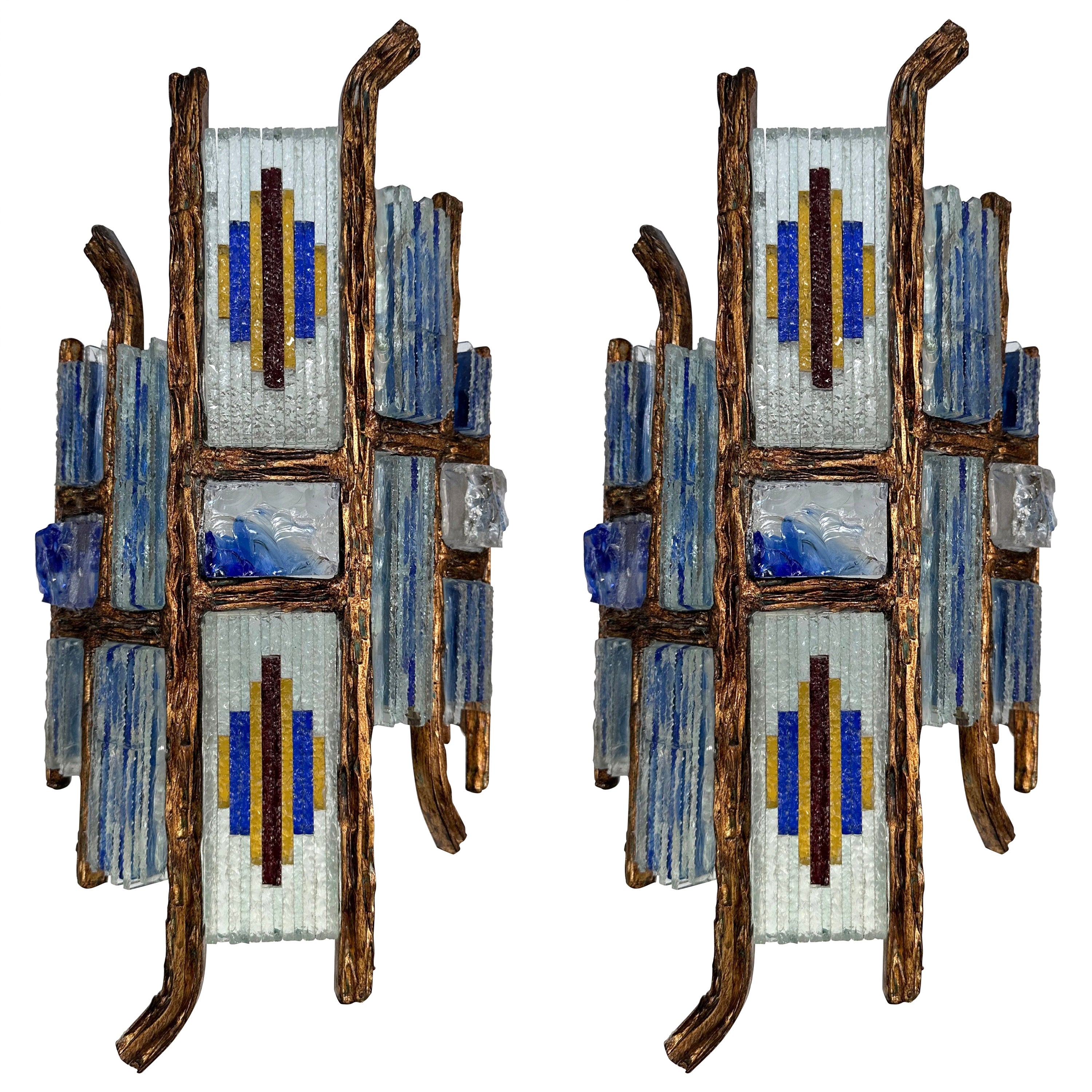 Pair of Hammered Glass Wrought Iron Sconces by Longobard, Italy, 1970s