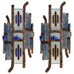 Pair of Hammered Glass Wrought Iron Sconces by Longobard, Italy, 1970s