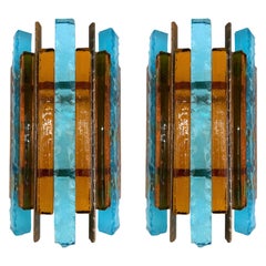 Pair of Hammered Glass Wrought Iron Sconces by Longobard, Italy, 1970s