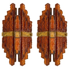 Pair of Hammered Glass Wrought Iron Sconces by Longobard, Italy, 1970s