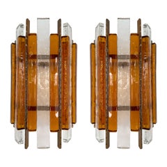 Pareja de candelabros de hierro forjado con vidrio martillado de Longobard, Italia, años 70
