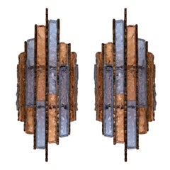 Pair of Hammered Glass Wrought Iron Sconces by Longobard, Italy, 1970s
