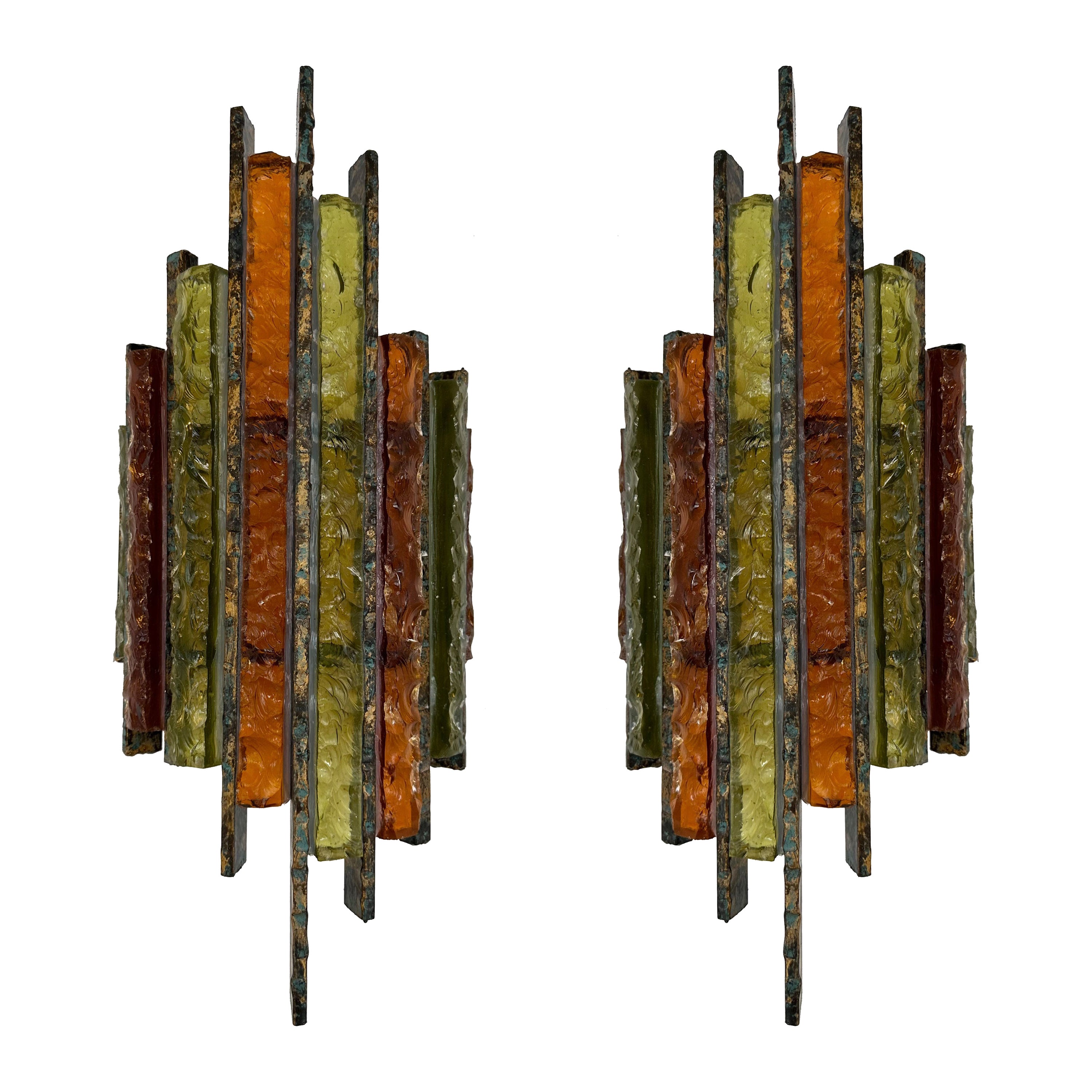 Pair of Hammered Glass Wrought Iron Sconces by Longobard, Italy, 1970s