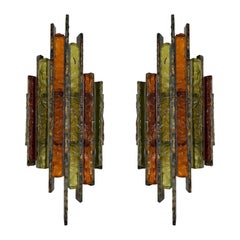 Pareja de candelabros de hierro forjado con vidrio martillado de Longobard, Italia, años 70