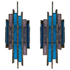 Pair of Hammered Glass Wrought Iron Sconces by Longobard, Italy, 1970s