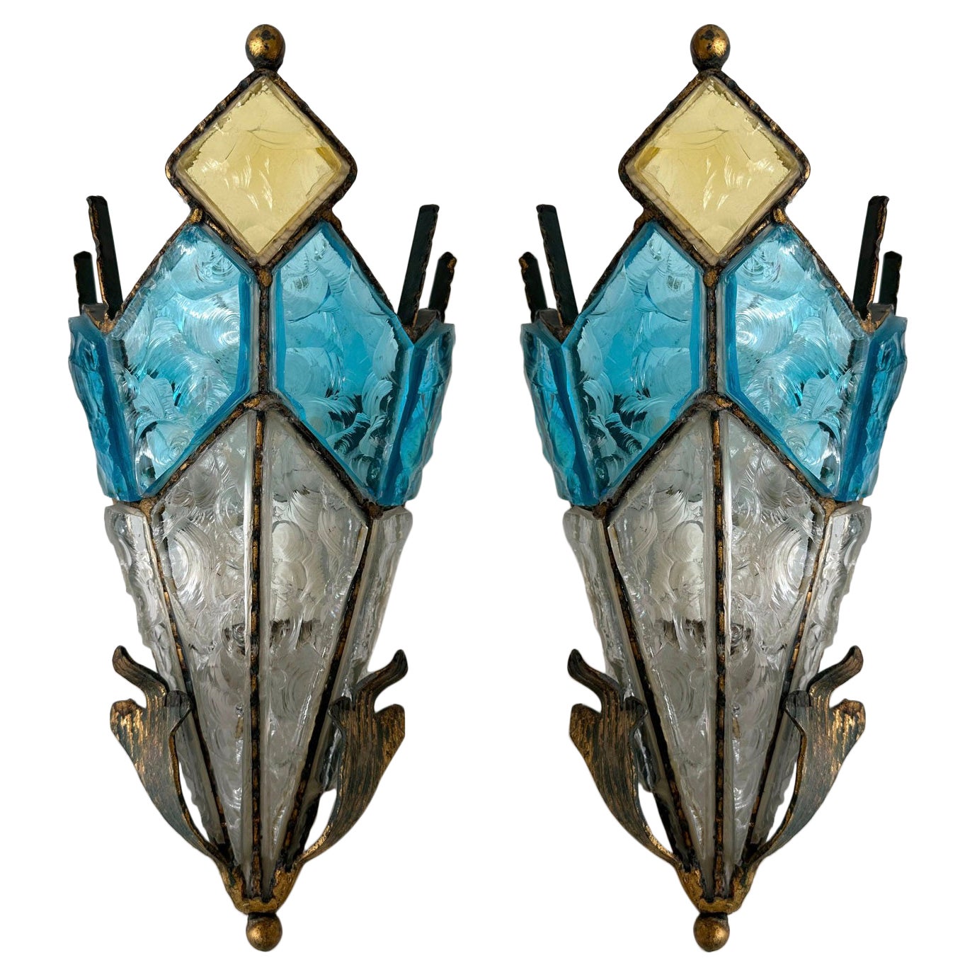 Pair of Hammered Glass Wrought Iron Sconces by Longobard, Italy, 1970s