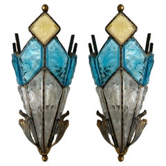 Pair of Hammered Glass Wrought Iron Sconces by Longobard, Italy, 1970s