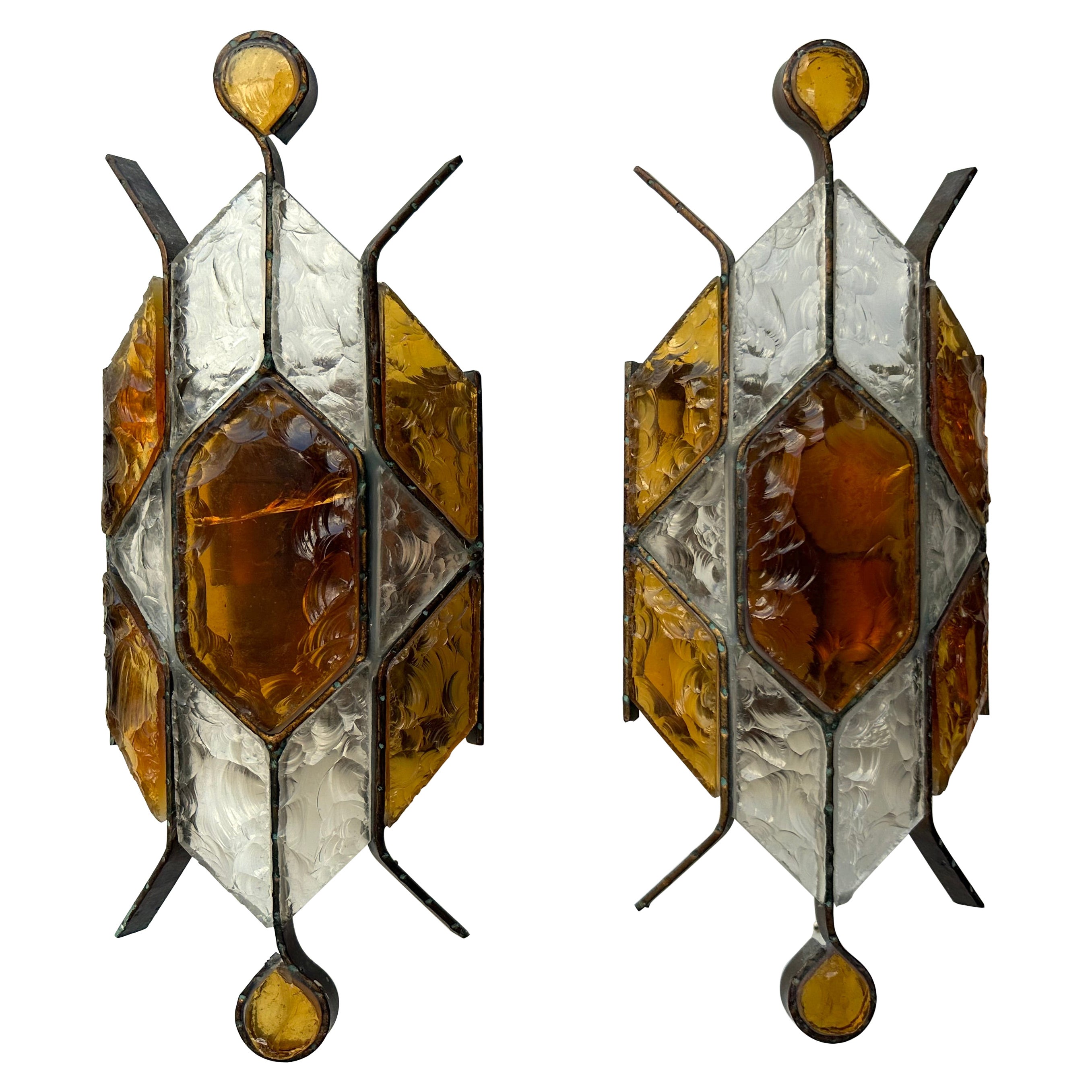 Pair of Hammered Glass Wrought Iron Sconces by Longobard, Italy, 1970s
