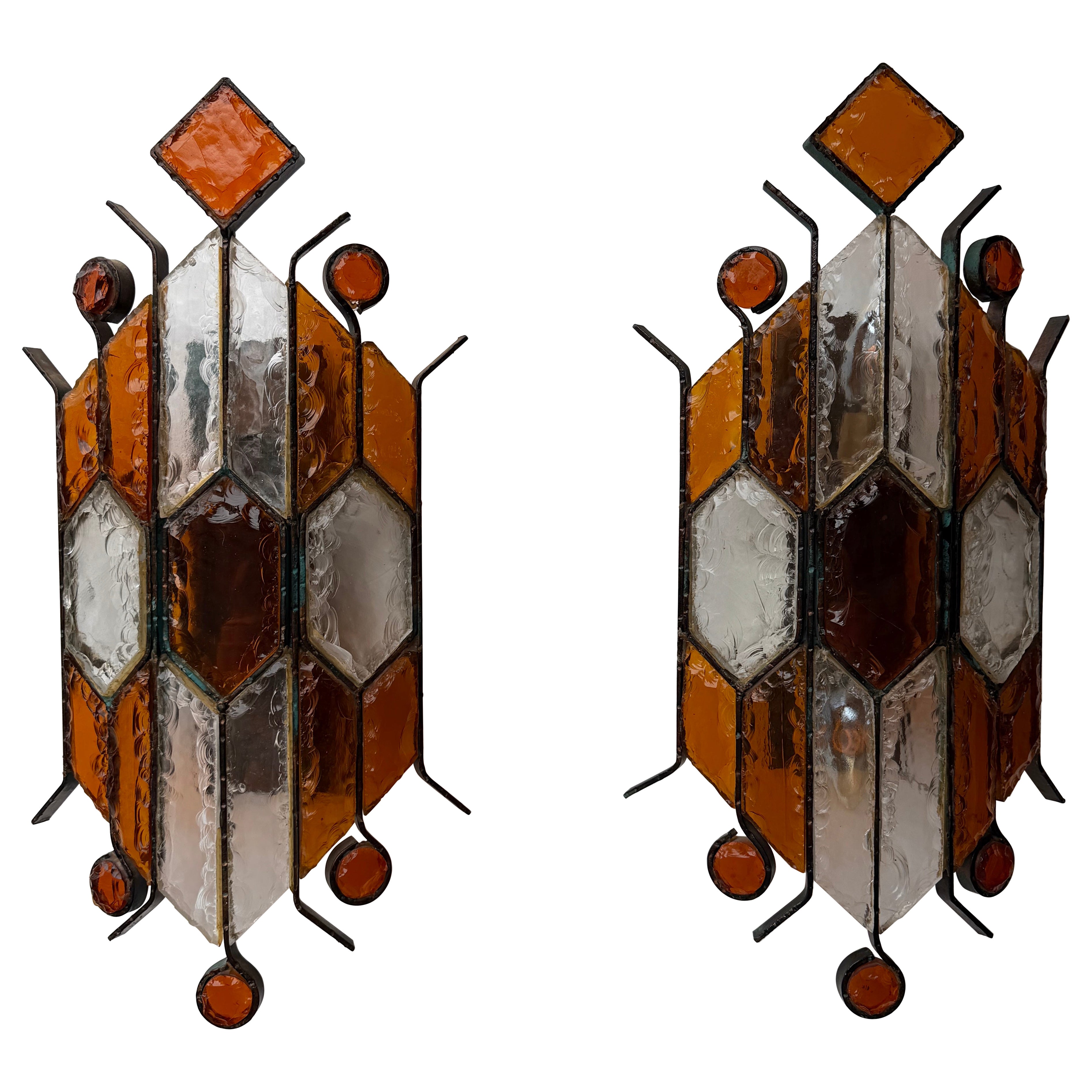 Paire d'appliques en fer forgé et verre martelé de Longobard, Italie, 1970