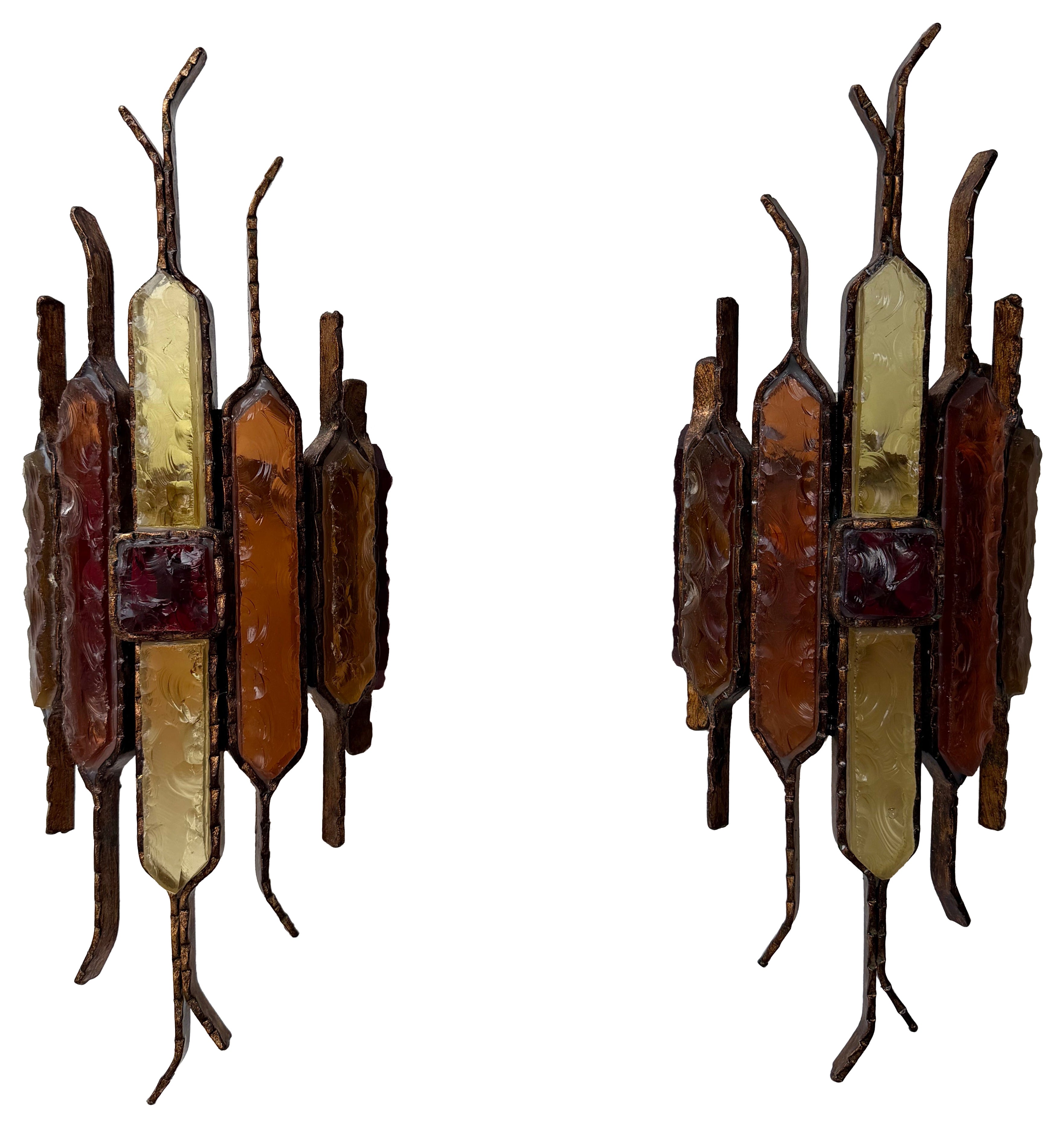 Pair of Hammered Glass Wrought Iron Sconces by Longobard, Italy, 1970s