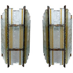 Pair of Hammered Glass Wrought Iron Sconces by Longobard, Italy, 1970s