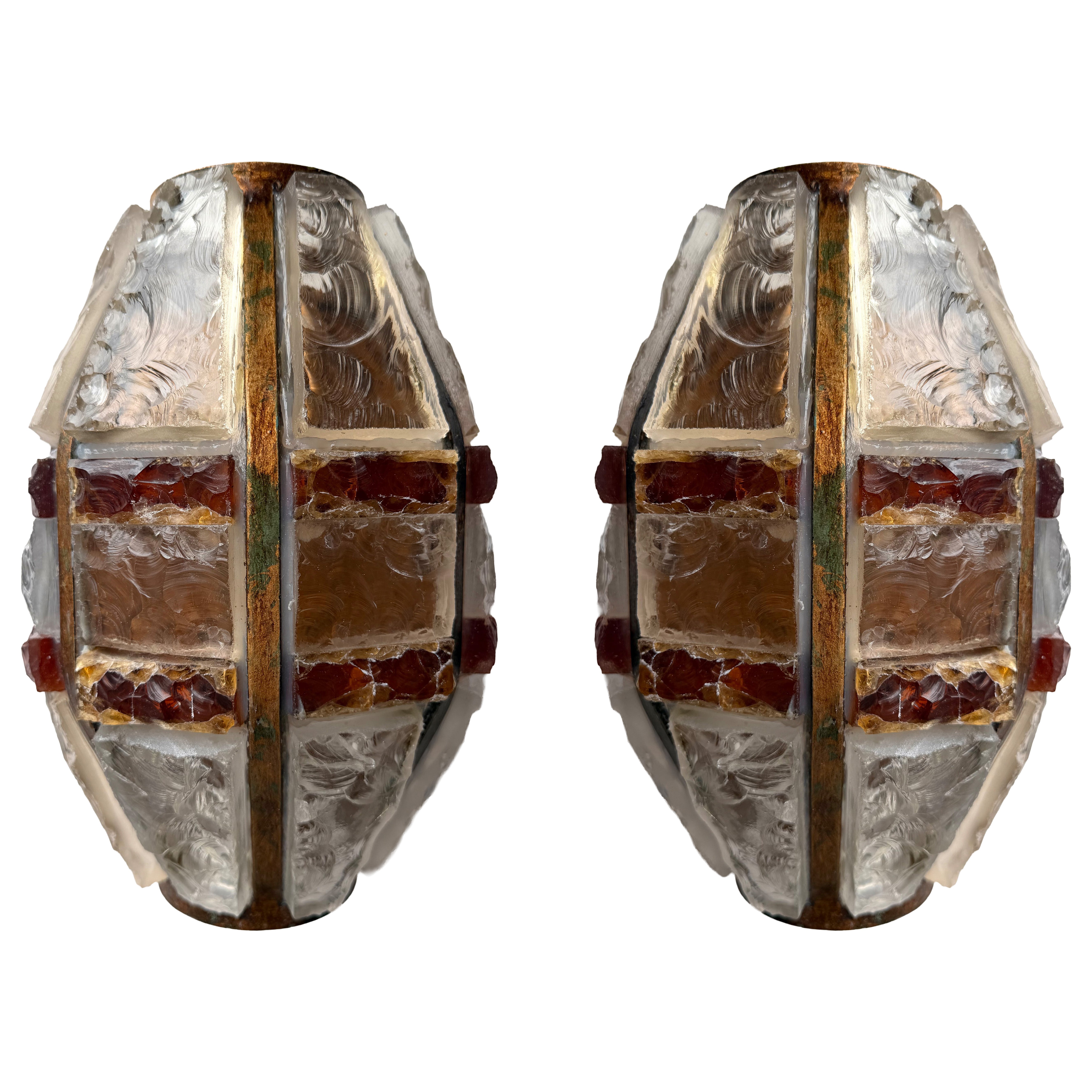 Pair of Hammered Glass Wrought Iron Sconces by Longobard, Italy, 1970s