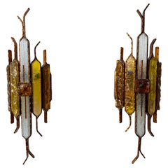 Pair of Hammered Glass Wrought Iron Sconces by Longobard, Italy, 1970s