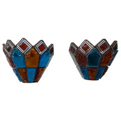 Pair of Hammered Glass Wrought Iron Sconces by Longobard, Italy, 1970s