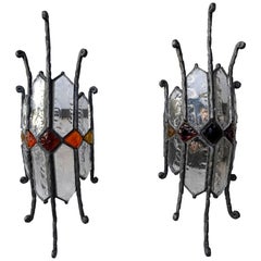 Pair of Hammered Glass Wrought Iron Sconces by Longobard, Italy, 1970s