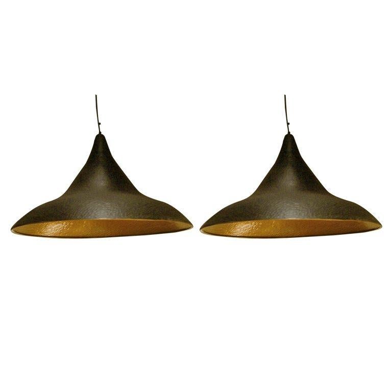 Pair of Hammered Metal Pendant Light Fixtures For Sale