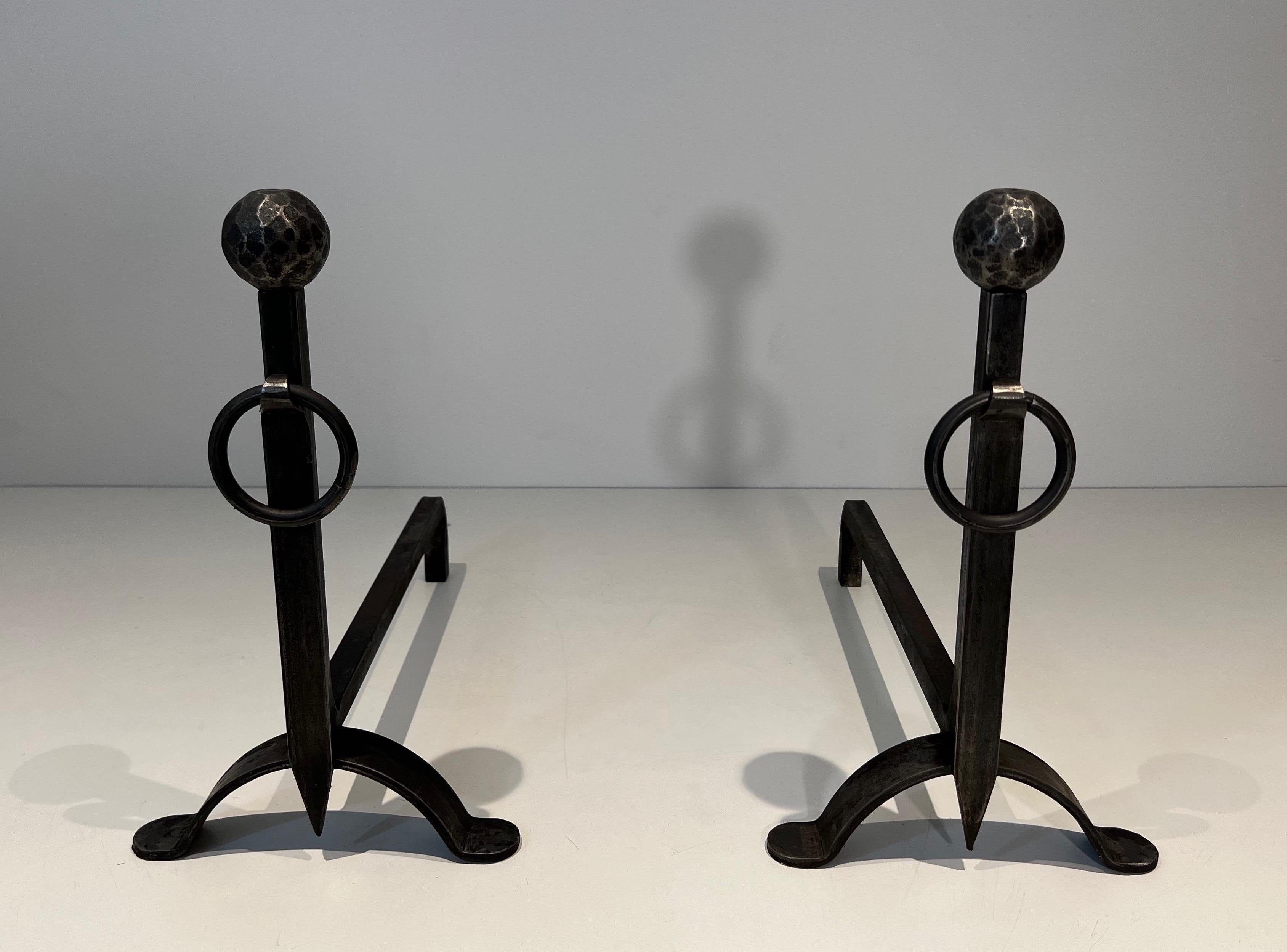 Pair of hammered wrought iron andirons. French Work. Circa 1950 For Sale 6