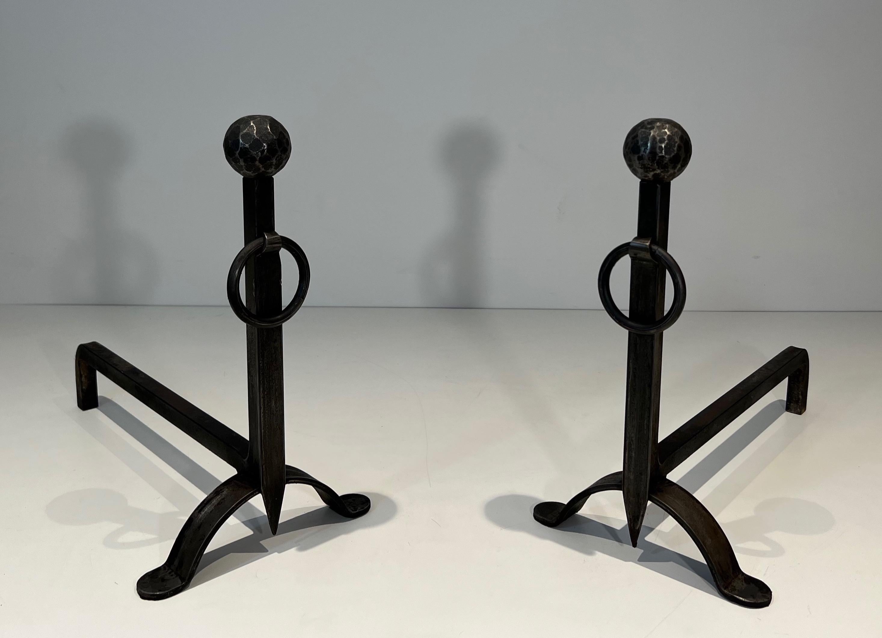 Pair of hammered wrought iron andirons. French Work. Circa 1950 For Sale 7