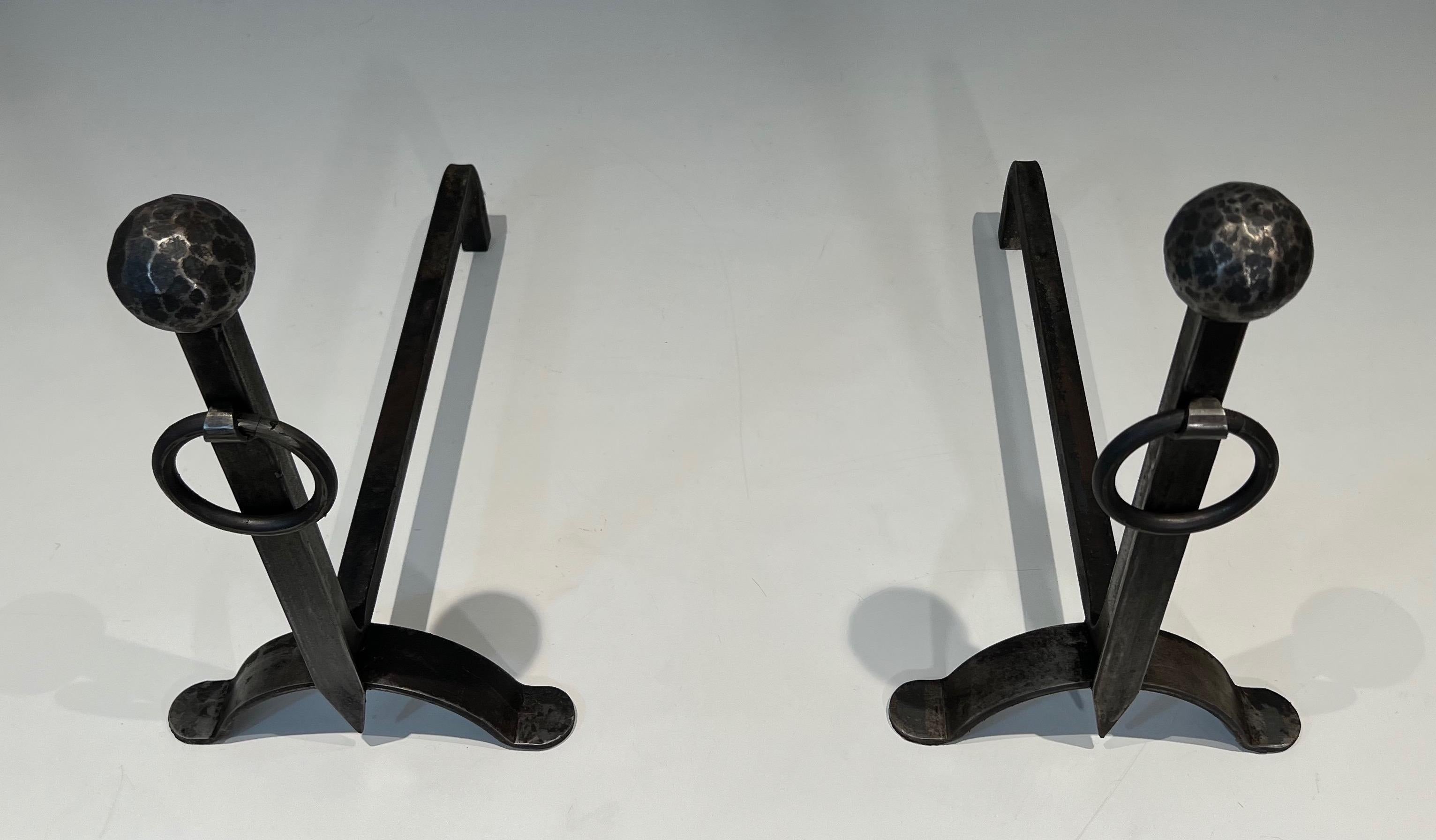 Pair of hammered wrought iron andirons. French Work. Circa 1950 For Sale 11
