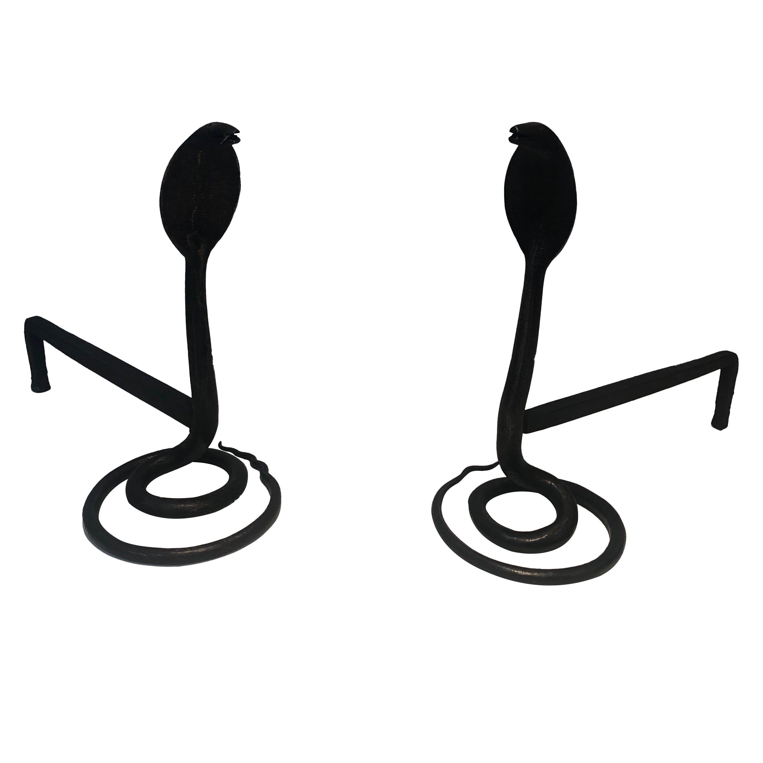 Pair of Hammered Wrought Iron Andirons with Cobras in the Style of Edgar Brandt