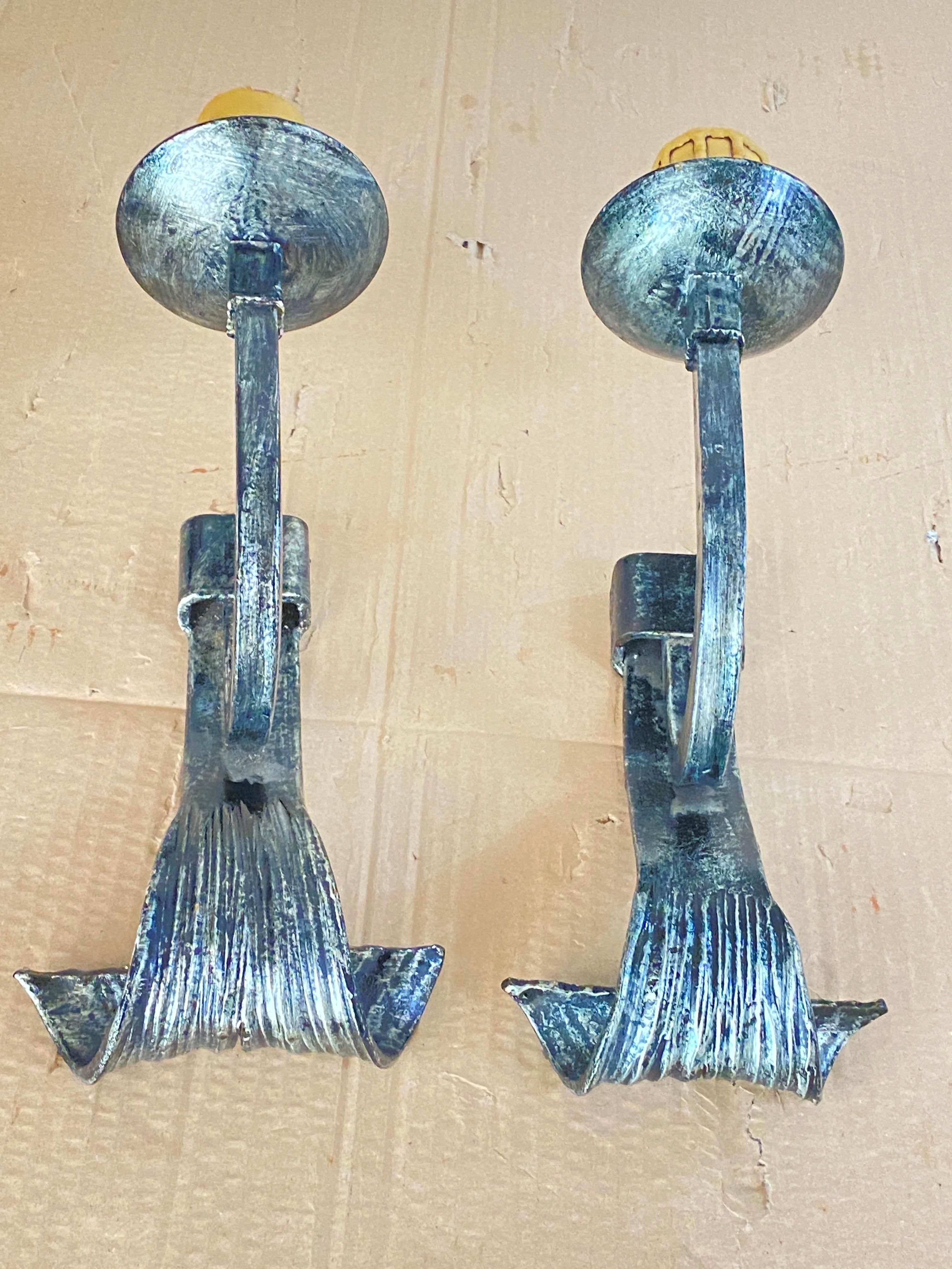 Pair of Hammered wrought Iron French Castle  Sconces Silver Color 20th Century For Sale 1